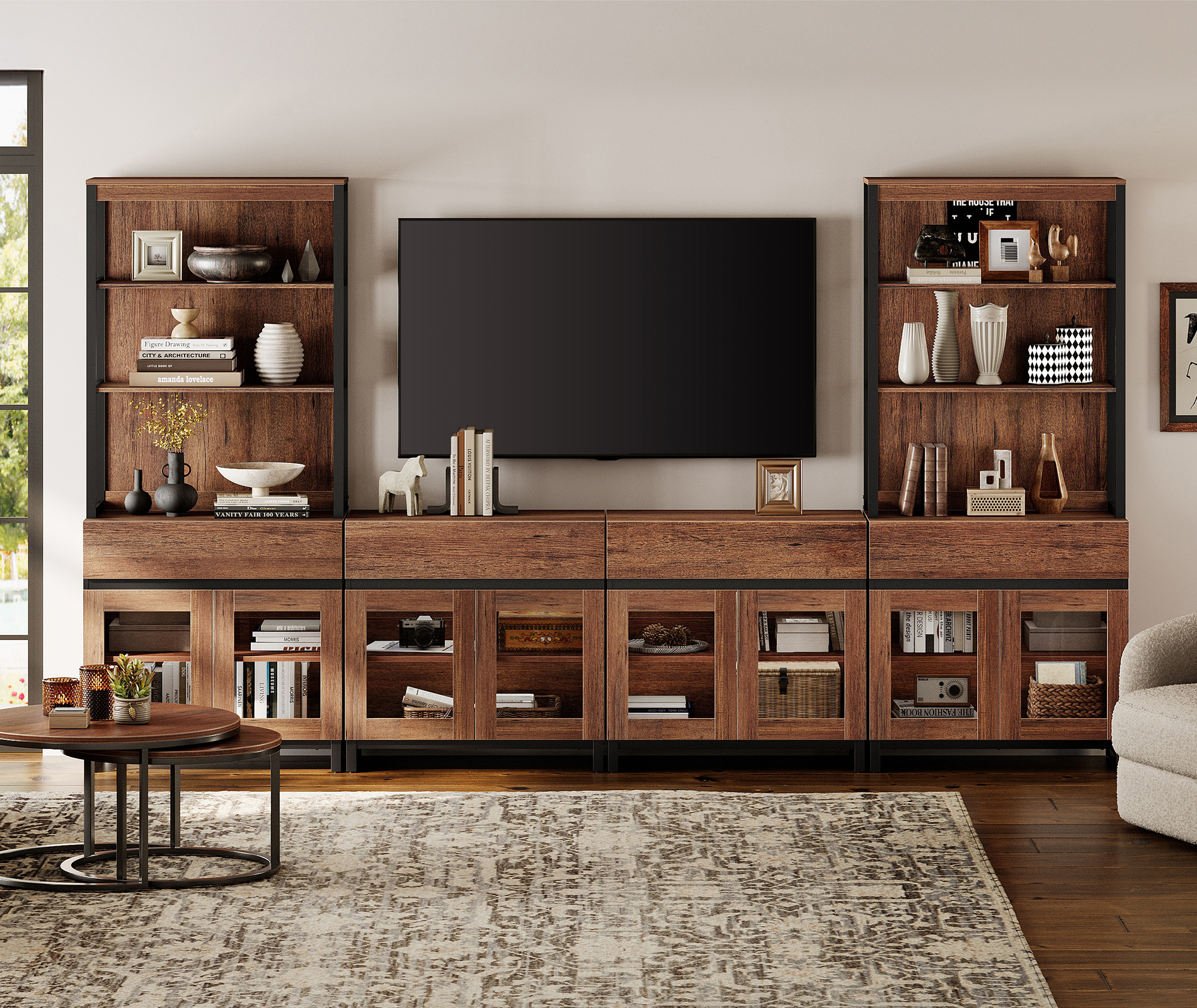 WAMPAT Modern Farmhouse TV Stand with 3-Tier Bookshelf & 4 Large Storage Cabinets, Adjustable Shelf and 4 Drawers Wooden Media Console with Glass Doors, Entertainment Center for Living Room