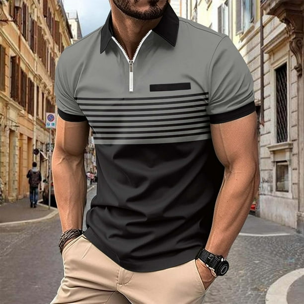 pstuiky Mangas cortas para hombre, Blusa de manga corta con cuello vuelto, versátil, con cremallera y rayas para hombre camisas casuales para hombre l
