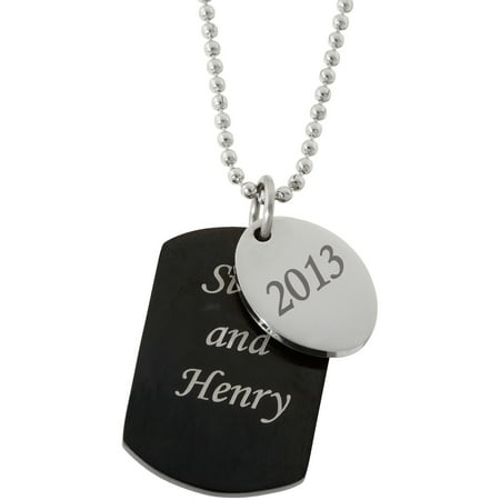 Personalized Men's Black Stainless Steel Tag and Oval Dangle Pendant