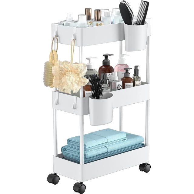 Timotech Carrito de Almacenamiento Delgado con Ruedas, Carrito Organizador de Baño de 3 Niveles, Carrito rodante para baño, Lavandería, Cocina, Ideal para Espacios Est