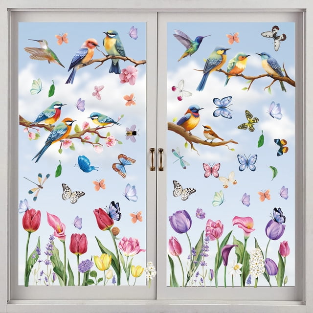 Calcomanías de primavera para ventanas, calcomanías de flores de mariposa para ventanas de vidrio, decoraciones de calcomanías de primavera para ventanas (2 piezas)