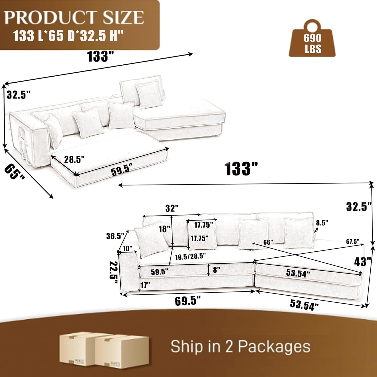 Howcool 133" Modular Cloud Sectional Sofa Bed, 2-in-1 Folding Convertible Couch, Lamb Velvet Fabric, Deep Seat Floor Gaming Sofa, 3-Seat Sleeper for Living Room, Beige