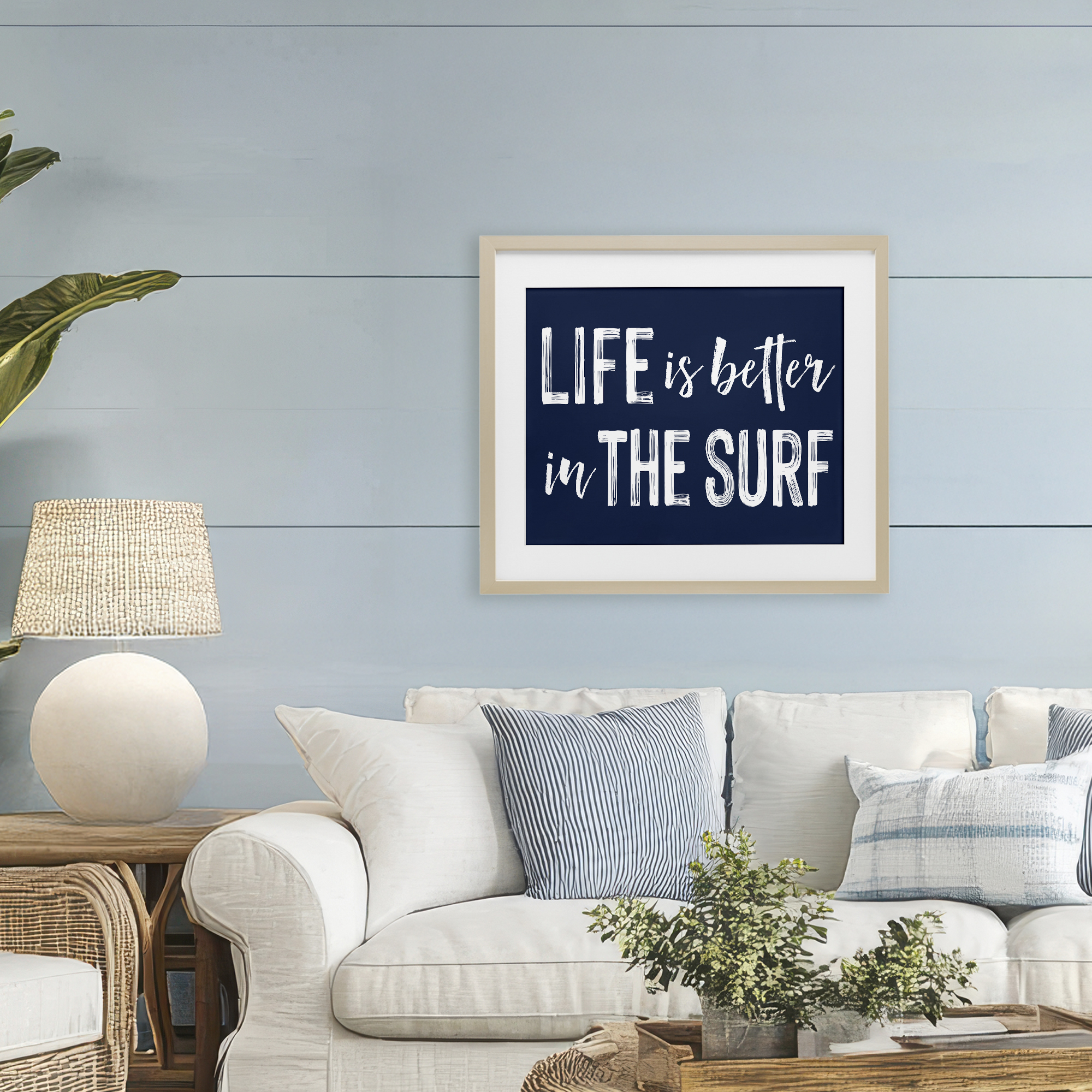Life Better In Surf Birch Framed Print Under Glass, design by Lettered and Lined