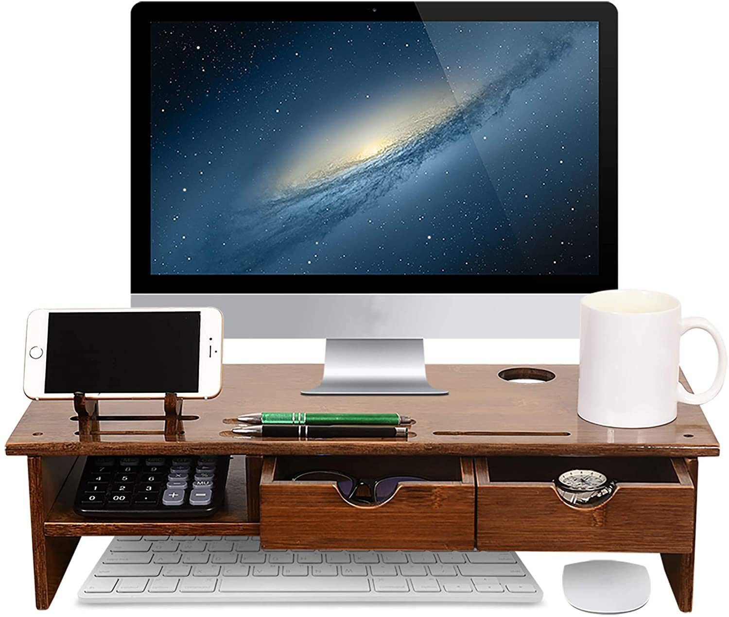 Bamboo Wood Monitor Stand Ergonomic Computer Riser with Storage Organizer Drawers Desktop Laptop Shelf Risers Cellphone Stand for Home
