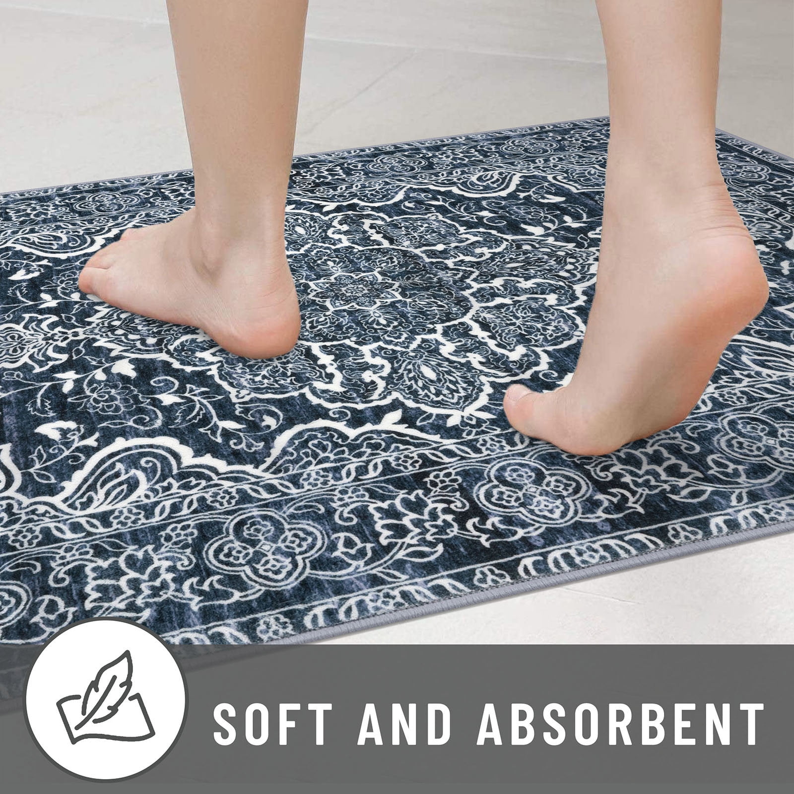 GLATTICE Washable Rugs 3x5 Navy Blue Area Rugs Vintage Floral Rug for Living Room Non-Slip Kitchen Rugs Soft Printed Distressed Entry Rug Low-Pile Throw Rug Carpet for Entryway Bedroom