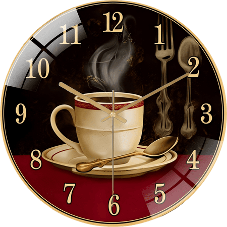 23.6 Inch Vintage Coffee Cup Pattern Glass Wall Clock Living Room Bedroom Kitchen Home Decor Silent Quartz Clock Holiday Gift(Battery Not Included), 60cm