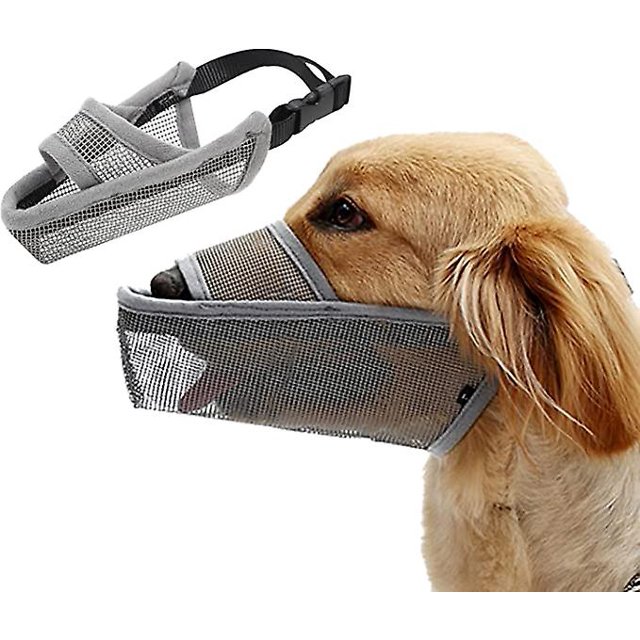 Máscara de nailon suave para perros (gris, mediana): máscara de malla transpirable ajustable, máscara para perros, antimordeduras, antiladridos y antilamidos