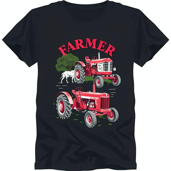 Black T-Shirt with Red Tractor Graphic and 'FARMER' Text for Farm Lovers
