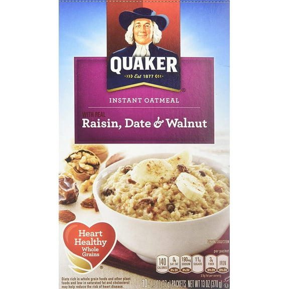 Quaker Instant Oatmeal Raisin, Date & Walnut, 10-count Boxes (Pack of 2)