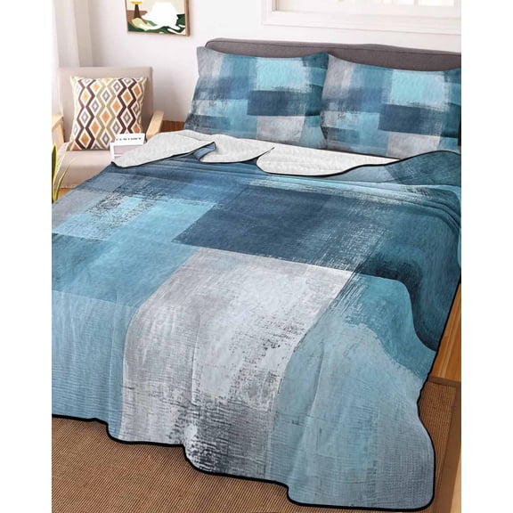 Teal Blue Queen Size Down Alternative Comforter, Lightweight Comforter Quilt Bedding Set with Pillow Shams Modern Oil Painting Abstract Ombre Geometric All Seasons Bed Comforter Duvet Insert 90"x96"