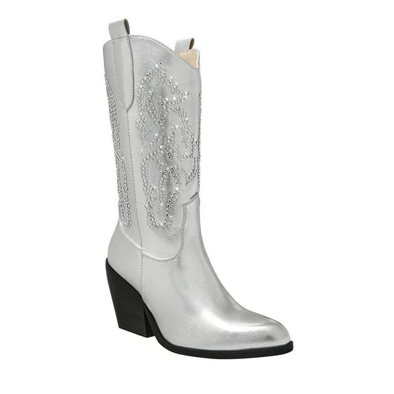FSJ Women Rhinestone Studded Pull on Cowboy Boots Pointed Toe Chunky Heel Mid Calf Boots Fashion Fall Party Date Shoes Size 8 Silver