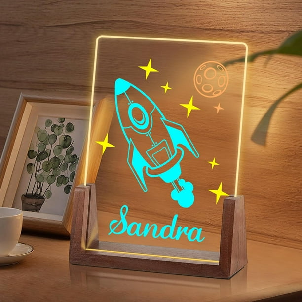 Luz de noche de nave espacial personalizada para niños, regalos de cumpleaños de Navidad para niños personalizados, luz de noche de acrílico, decoración de guardería para bebé, lámpara de noche, regal