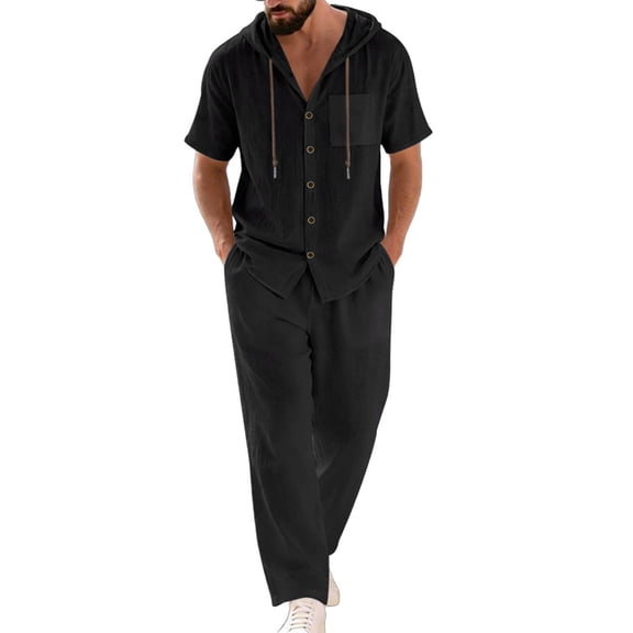 Eryao Mens Linen Sets 2 Piece Outfits Casual Button Down Short Sleeve Hoodies Matching Elastic Waist Pants with Pockets Summer Beach Loungewear,Black,XXL