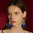 thumbnail image 2 of Long Feather Dangle Drop Statement Earrings for Women Gold-Toned Bohemian Enamel Fan Shaped Leaf Turquoise Beads Fringe Tassel Dangling Studs Earring Lightweight Fish Hook Vintage Ethnic Jewelry, 2 of 12