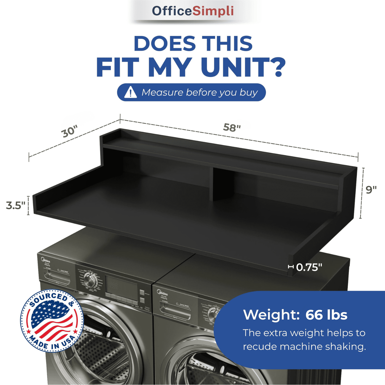 OfficeSimpli Large Washer Dryer Countertop with Shelf - 30 x 58 Inch - Made in USA Laundry Countertop Over Washer and Dryer with Non-Slip Pads, Storage Shelf, Laundry Topper Organizer, Black