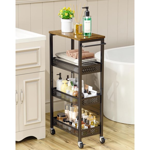 Carrito de almacenamiento delgado de 4 niveles OKZEST con parte superior de madera y metal
