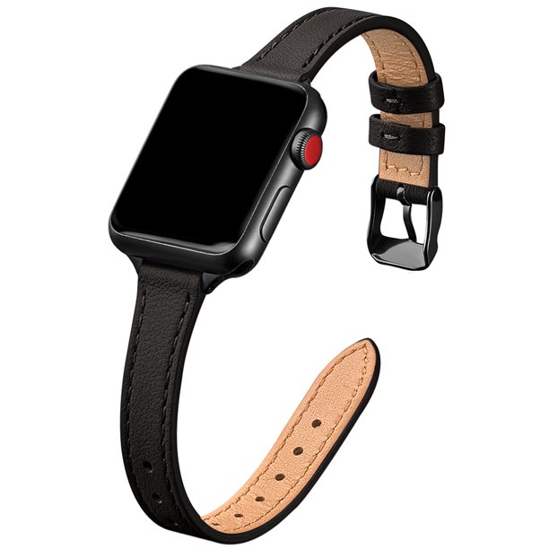 WFEAGL Slim Leather Apple Watch Bands Thin Wristband (Black with Black