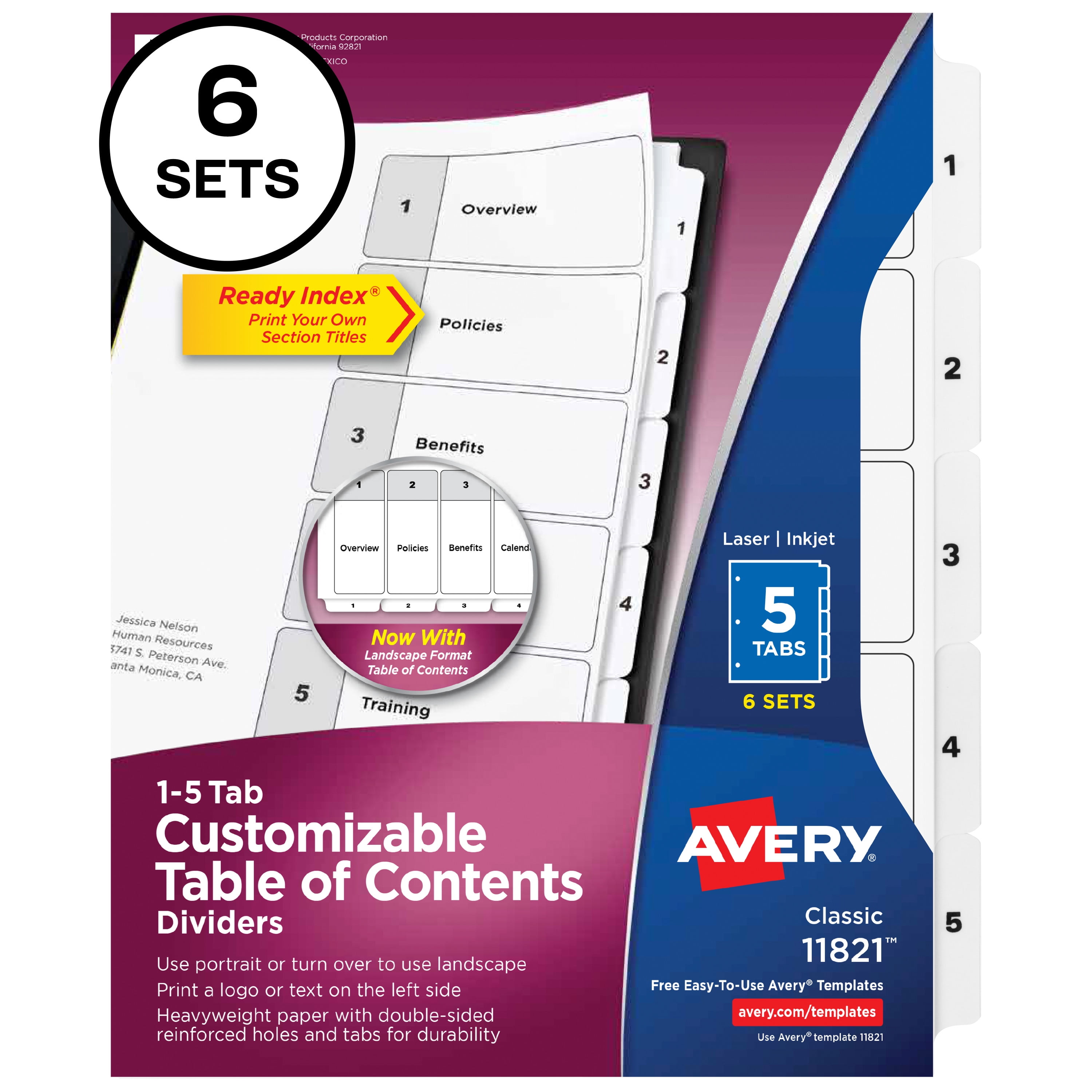 Avery Ready Index 5 Tab Binder Dividers, Customizable Table of Contents, Classic White Tabs, 6 Sets (11821)