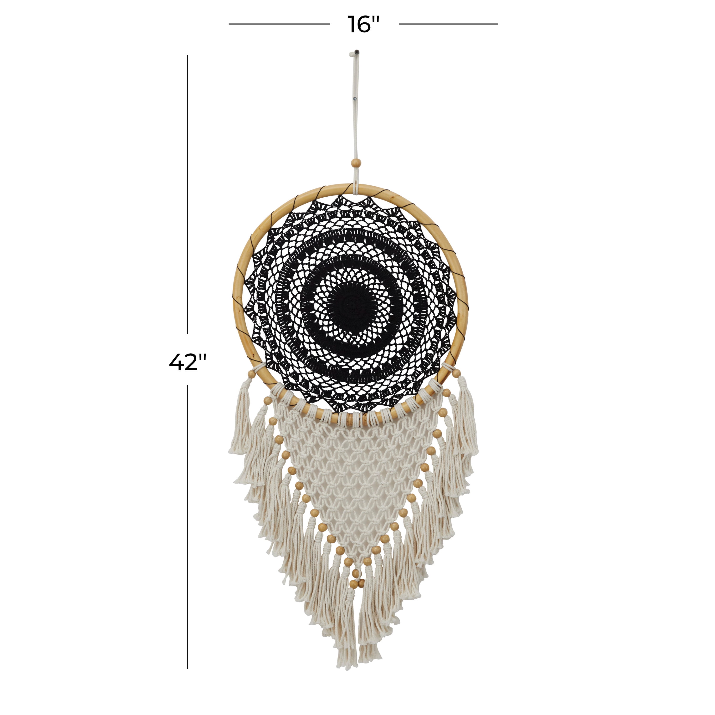 Solid Handmade Intricately Woven Macrame 16" x 42" Dreamcatcher Wall Decor with Beaded Fringe Tassels, by DecMode