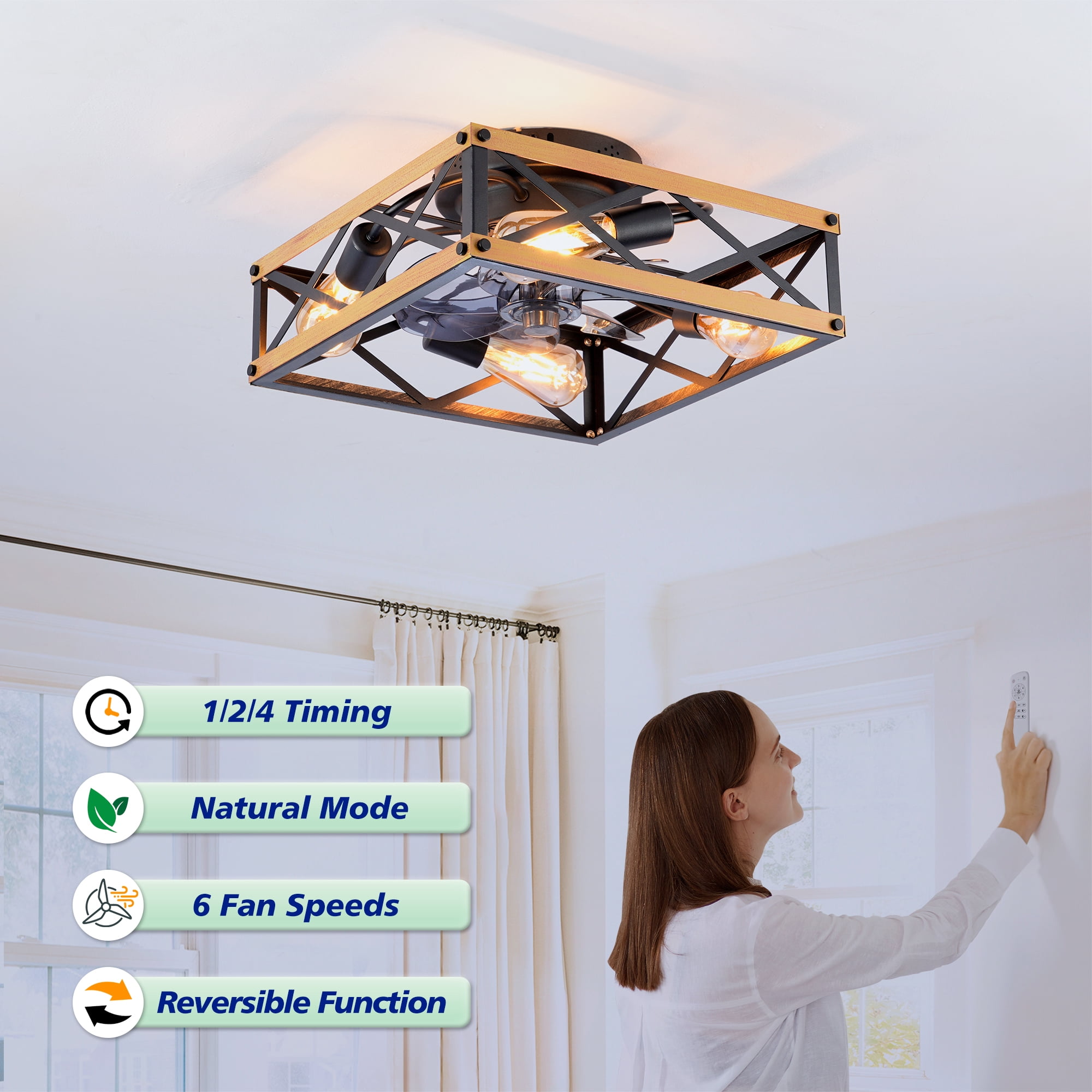 Leumius 22.6" Black Flush Mount Ceiling Fan with Light, Reversible Motor and DC Remote Control,6 Speed Ceiling Fan,Timing for Living Room Bedroom Dining Room(NOT Included Bulbs)