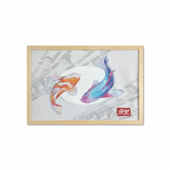Koi Fish Wall Art with Frame, Watercolor Style Japanese Animals Couple Design Grunge Brushstrokes Based Paint, Printed Fabric Poster for Bathroom Living Room, 35" x 23", Blue Orange, by Ambesonne