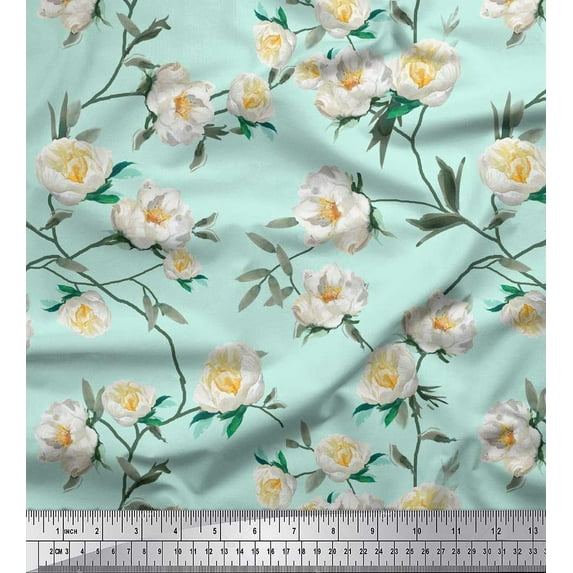 Soimoi Green Moss Georgette Fabric Leaves & Magnolia Floral Print Fabric by the Yard 42 Inch Wide