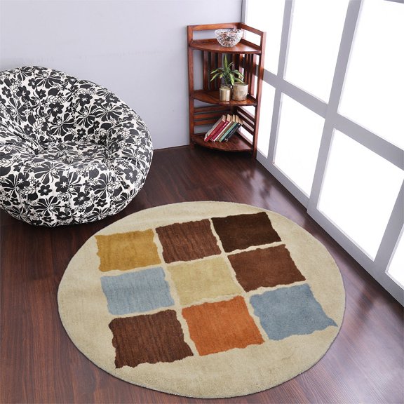 Rugsotic Carpets Hand Tufted Wool Eco-Friendly 5'x5' Area Rugs Round Cream Geometric Modern High Pile Thick Handmade Anti Skid Indoor Rug for Living Room, Bedroom K20930