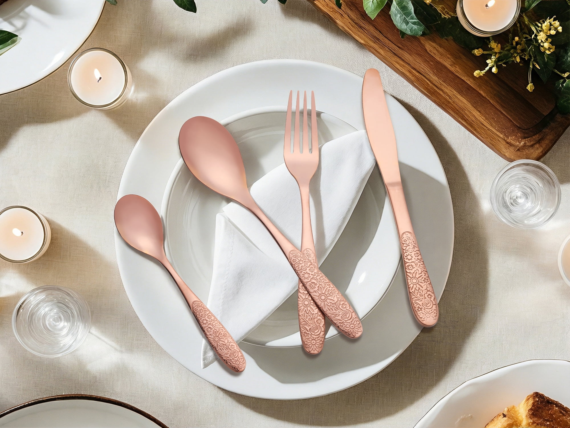 Unique Bargains 4 Piece Stainless Steel Floral Flatware Rose Gold 4
