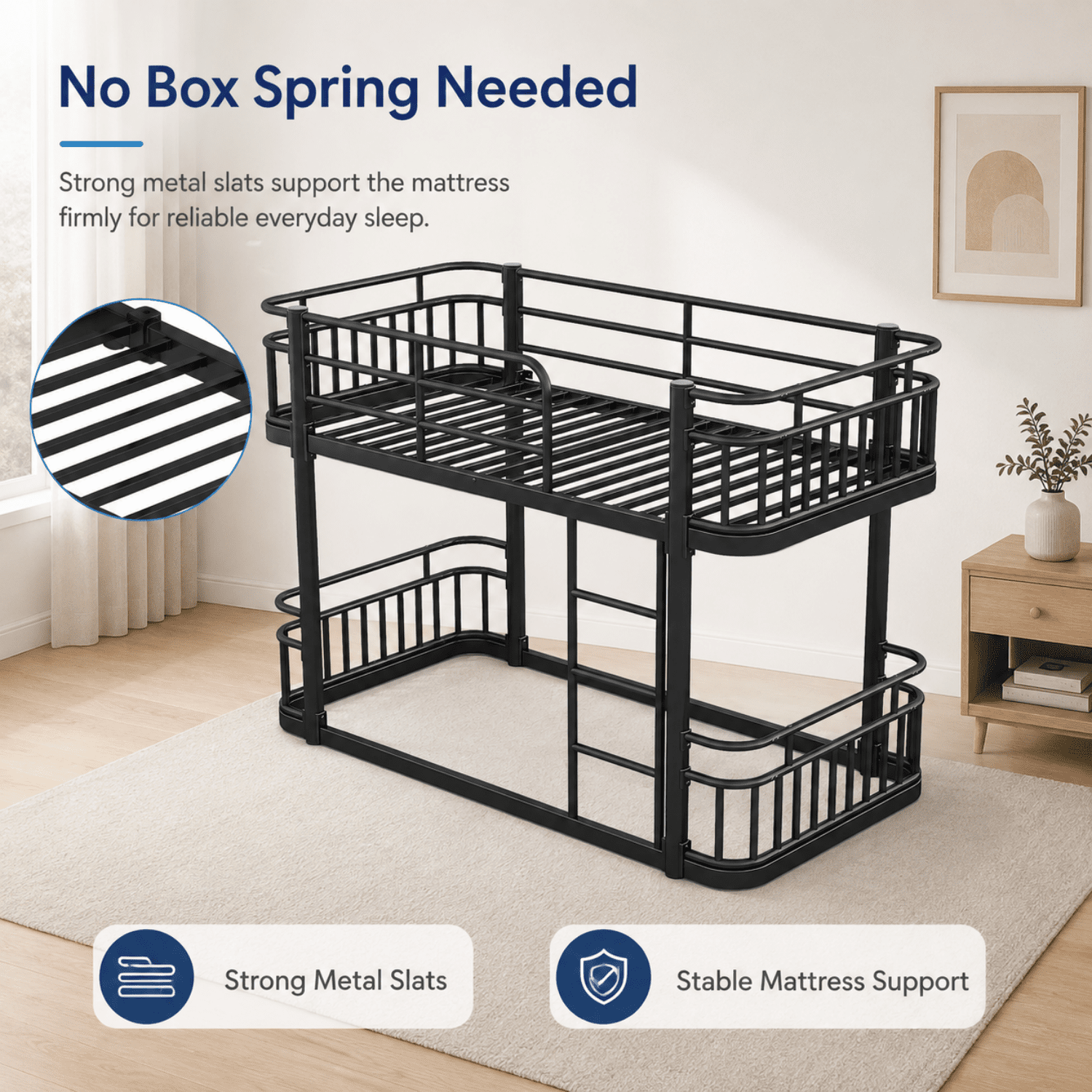 Miniyam Twin Over Twin Metal Bunk Bed with 16.5" Guardrails, Built-In Ladder and Metal Slats, Black