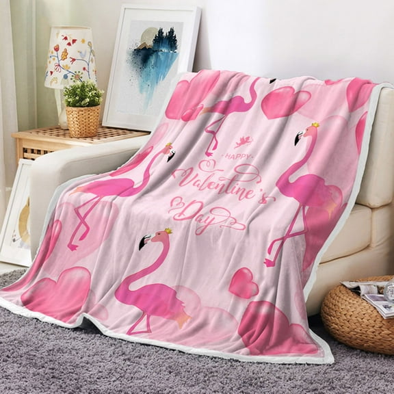 Valentine Throw Blanket, Happy Valentine's Day with Pink Heart and Flamingo Pink Throw Flannel Blankets, Valentine's Day Blanket, Romantic Heart Blanket 50" x 60", Super Soft & Warm Blankets