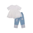 thumbnail image 4 of Toddler Baby Girl Clothes Lace Flowers Ruffle Shirt Top+Ripped Denim Jeans Pants Set 2Pcs Outfits, 4 of 8