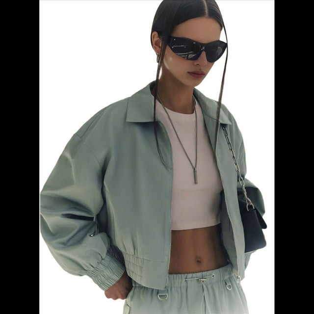 Chaqueta Corta para Mujer, Anorak Utilitario Extragrande con Cremallera, Color Verde Talla S