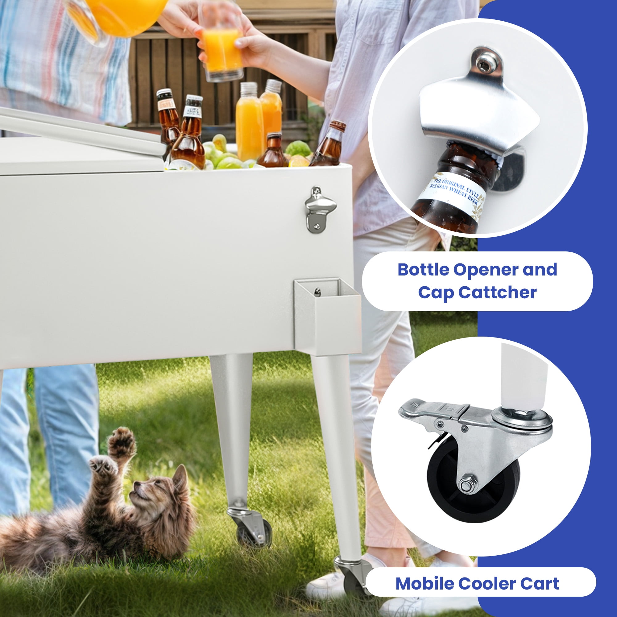 Uforic 80 Quart Rolling Ice Chest Cooler Cart,Outdoor Portable Beverage Cart with Bottle Opener & Drain, White