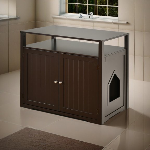 Demi Bonn 31" Cat Litter Box Enclosure Furniture, Cat Litter Box Cabinet Hidden with Storage Shelf, Cat House with Doors and Divider, Brown