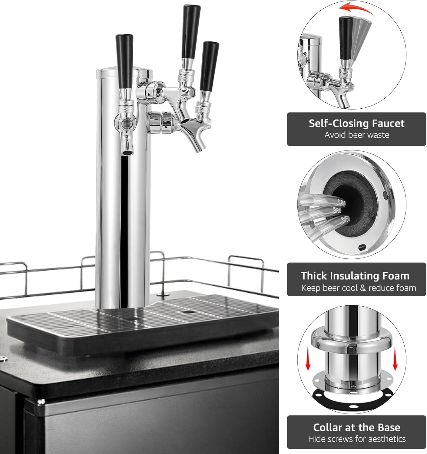 3 Tap Kegerator Tower Beer Dispenser with Stainless  Faucets and Pre-Installed Lines for Homebrew