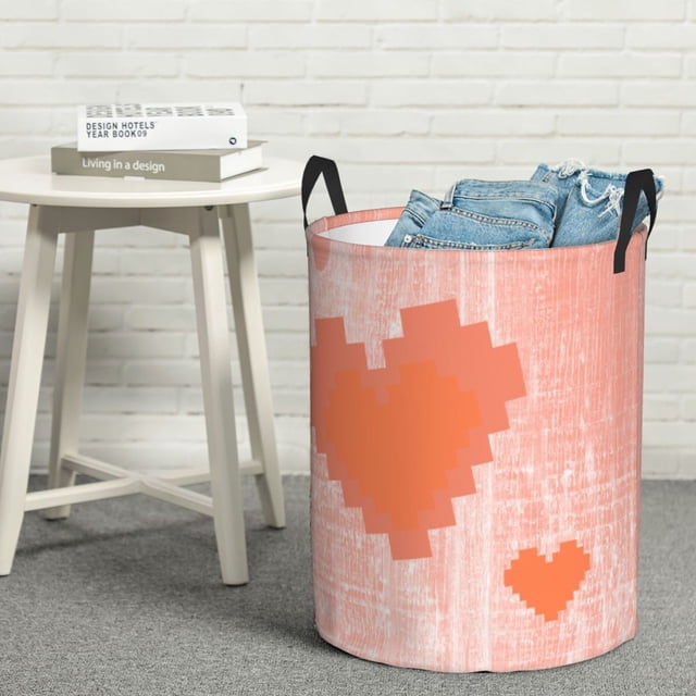 YFYANG Waterproof Laundry Hamper, Pink Heart Pattern Laundry Basket Oxford Fabric with Handle Foldable, S