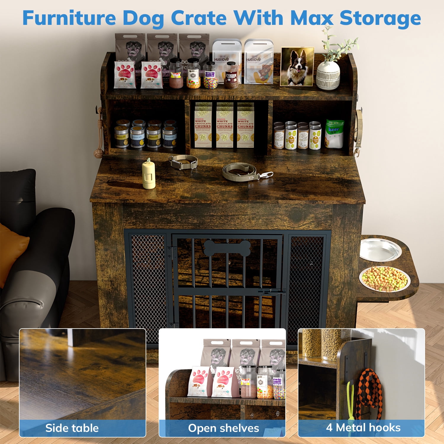 Behost 34" Dog Crate Furniture for Small /Medium Dogs with LED Light Feeding Bowls, Dual-Layer Storage, Decorative Dog Kennel for Indoor ,Rustic Brown