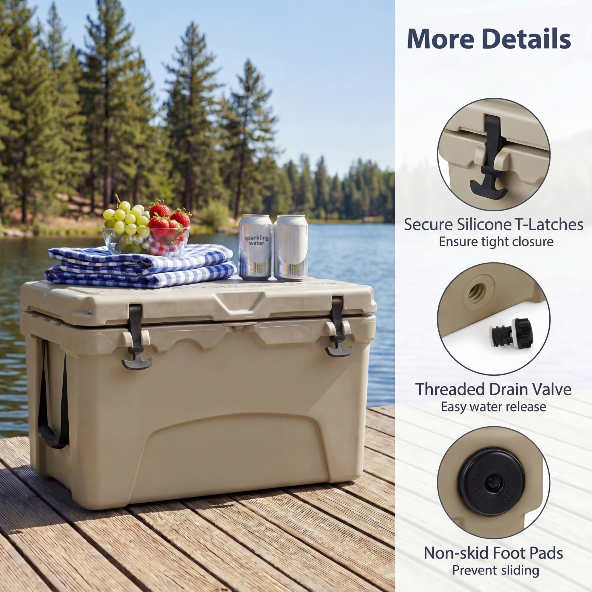ELLEGNT 45 Quart Hard Cooler - Portable Ice Chest, 6‑Day Ice Retention, Khaki