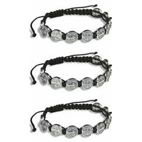 Black Saint Benedict Medal Silver Tone 8" Adjustable Cord Bracelet Pack of 3