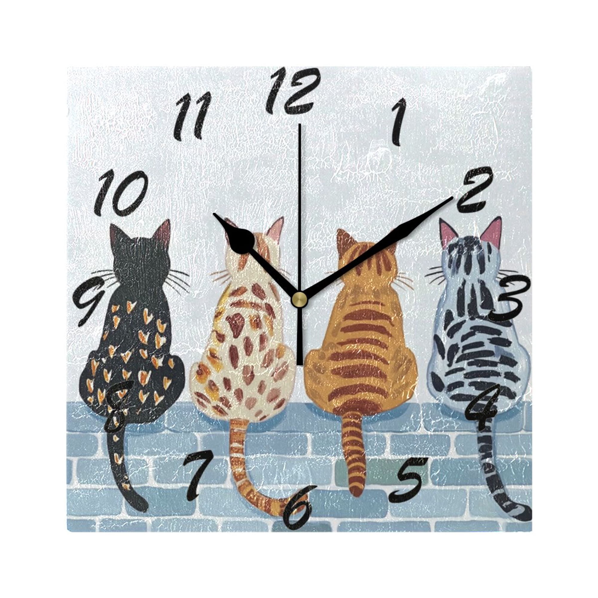 Square Wall Clock Silent Non-Ticking Battery Operated Retro 7.78 Clock for Bedroom Living Room Decor Four Cats