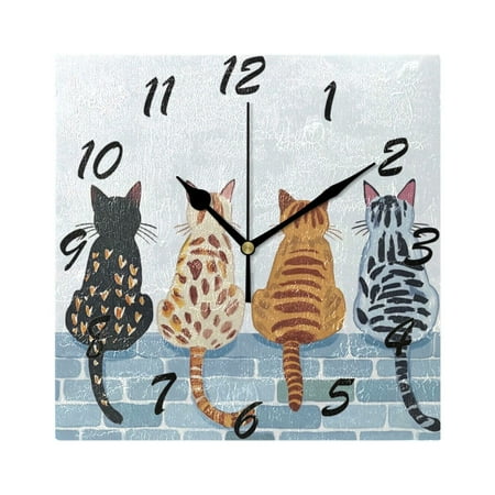 Square Wall Clock Silent Non-Ticking Battery Operated Retro 7.78 Clock for Bedroom Living Room Decor Four Cats