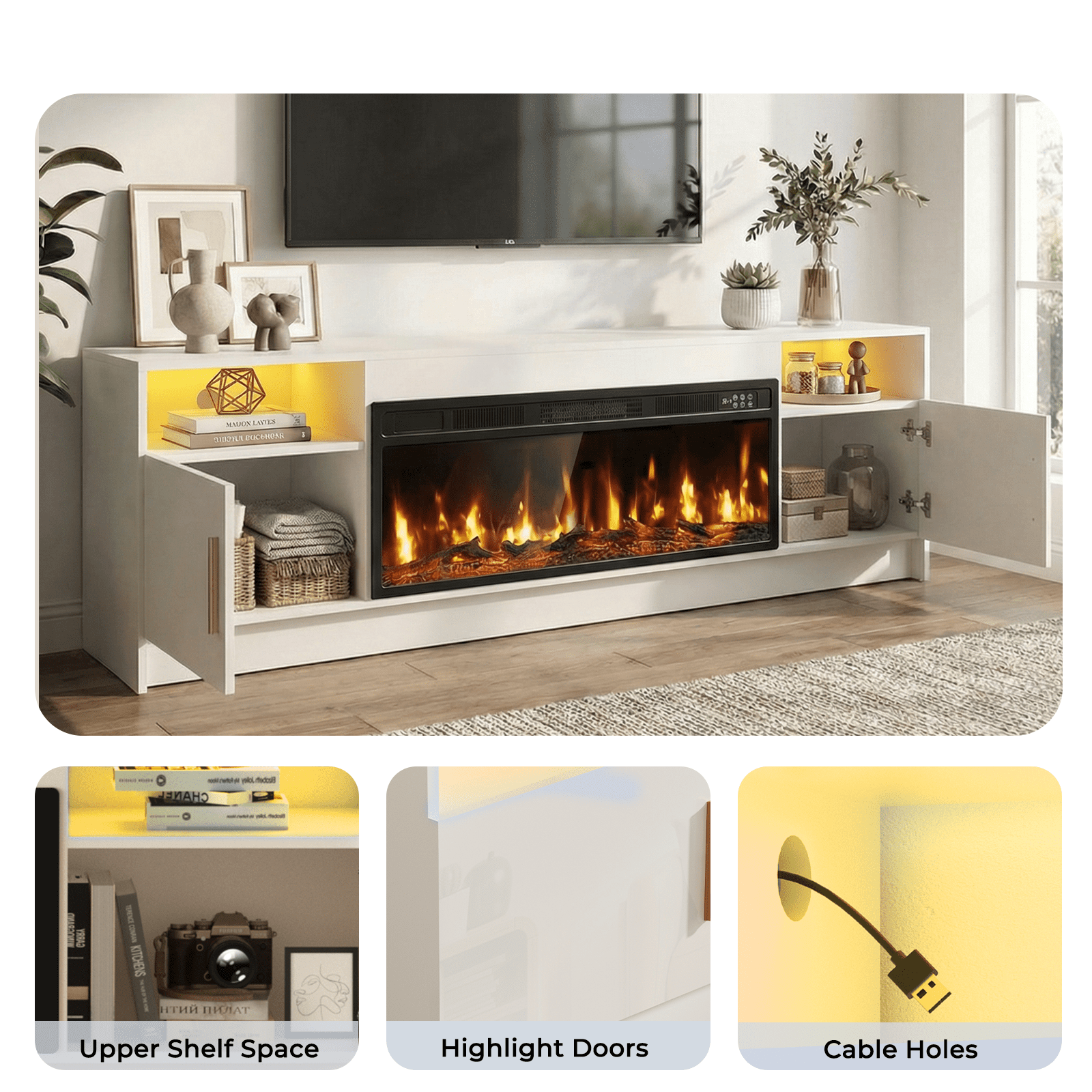 Flictozena 70" TV Stand with 36-Inch Electric Fireplace, Adjustable LED Lights & Storage | Fits TVs Up to 80 Inches | Modern Entertainment Center with Glossy White Doors