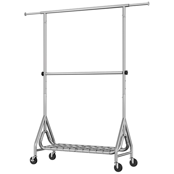TreGazze 2-Shelf Clothes Rack on Wheels, Portable Rolling Clothing Rack with Shelves, up to 560 lbs, Silver