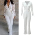 thumbnail image 4 of Fsqjgq White Lace Stitching Jumpsuits for Women Elegant Solid Embroidery Slim Jumpsuit with Belt Deep V Neck Long Sleeve Overalls White M, 4 of 8