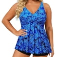 thumbnail image 4 of Women's Plus Size Tankini Top Tummy Control Ruffled Deep V-Neck Swimdress Summer Fall Casual Seaside Beach Color Block Swimsuit,Blue,22, 4 of 8