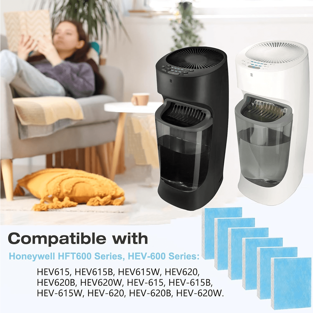 HFT600 Humidifier Wick Filter  for Honeywell Top Fill Tower Humidifier HEV615 HEV620 Series  Compared to Part HFT600T HFT600PDQ Wicking Filter  Replacement Filter T Blue 2 Pack