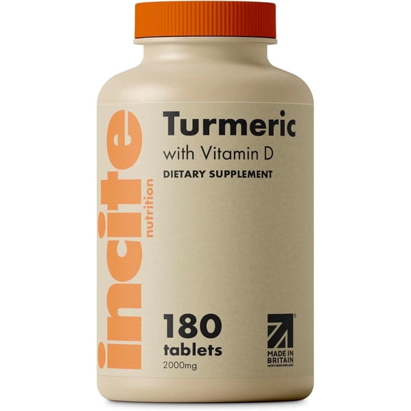 Incite Nutrition Turmeric 2000 mg with Vitamin D3, Black Pepper & Ginger, Vegan Tablets, 180 Count