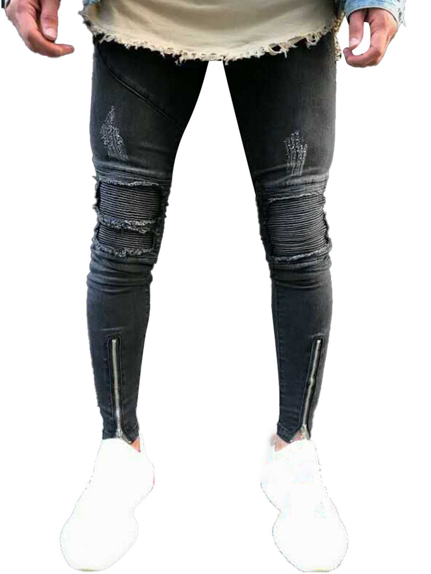 Mens Distressed Ripped Skinny Denim Jeans Pants Pleated Pencil Trousers Jeggings 