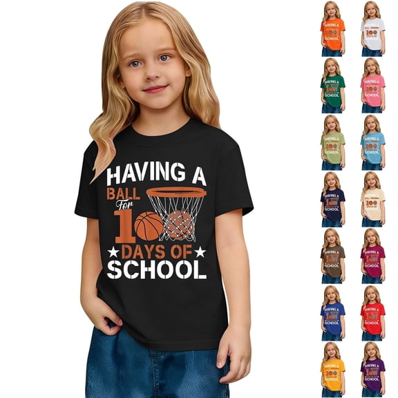 LRen 100 Days Of School T Shirt Girls Funny Letter Print Preppy T Shirt Top Trendy Kids Kindergarten Celebration Gifts Tees Tops Back To School Outfits for 3-4 Years