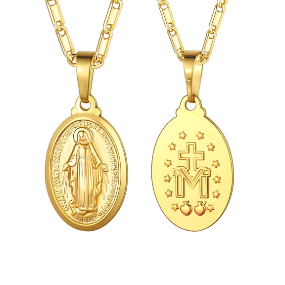 U7 14K Gold Plated Holy Virgin Mary Medallion Necklace for Women Miraculous Medal Pendant Guadalupe Catholic Religious Jewelry Gift for Christian Baptism